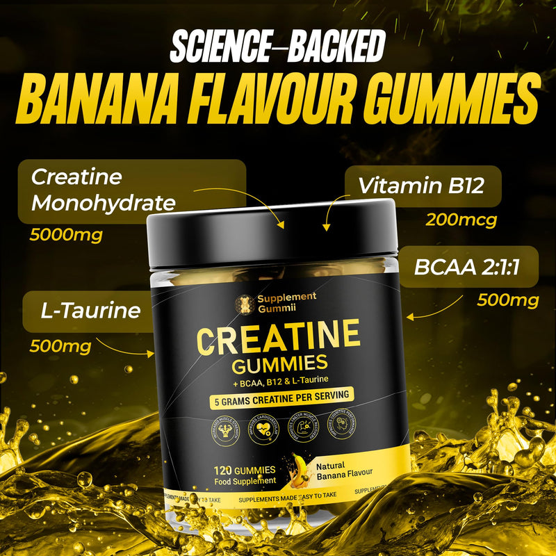 Creatine Monohydrate Gummies 5000mg with BCAA 500mg, Vitamin B12 200mcg & Taurine 500mg - 120 Vegan Gummies for Men & Women - Muscle Growth, Strength & Recovery - Banana