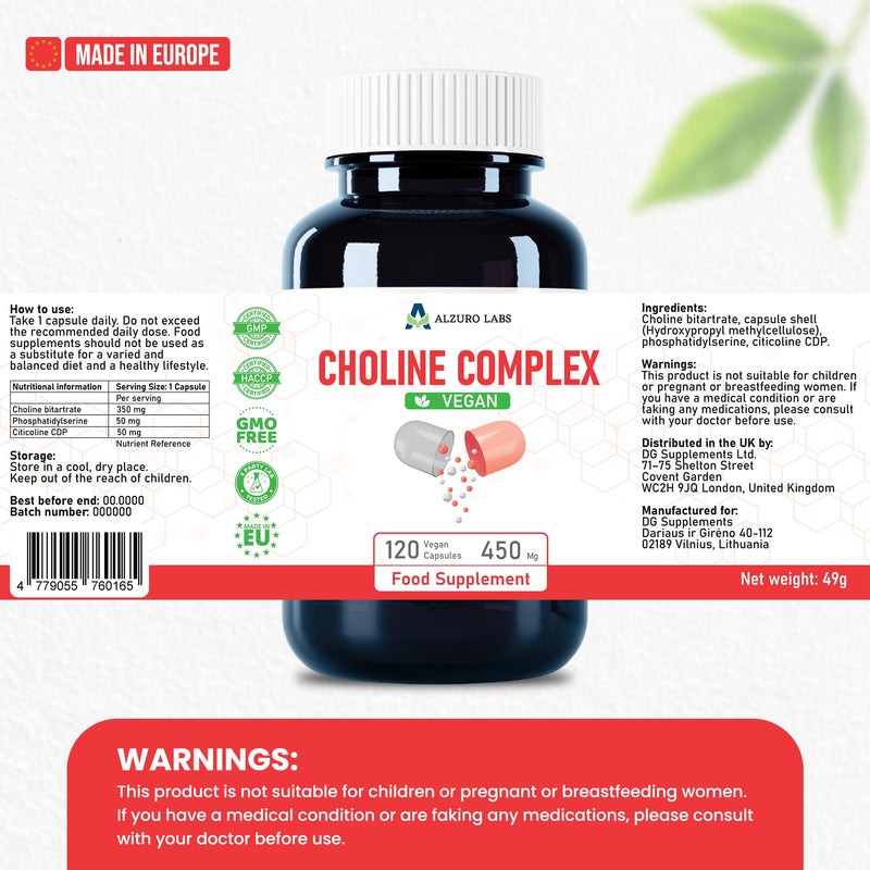 Choline Complex | Choline Bitartrate, Citicoline (CDP-Choline) & Phosphatidylserine | 120 Vegan Capsules | GMP & 3rd Party Lab Tested