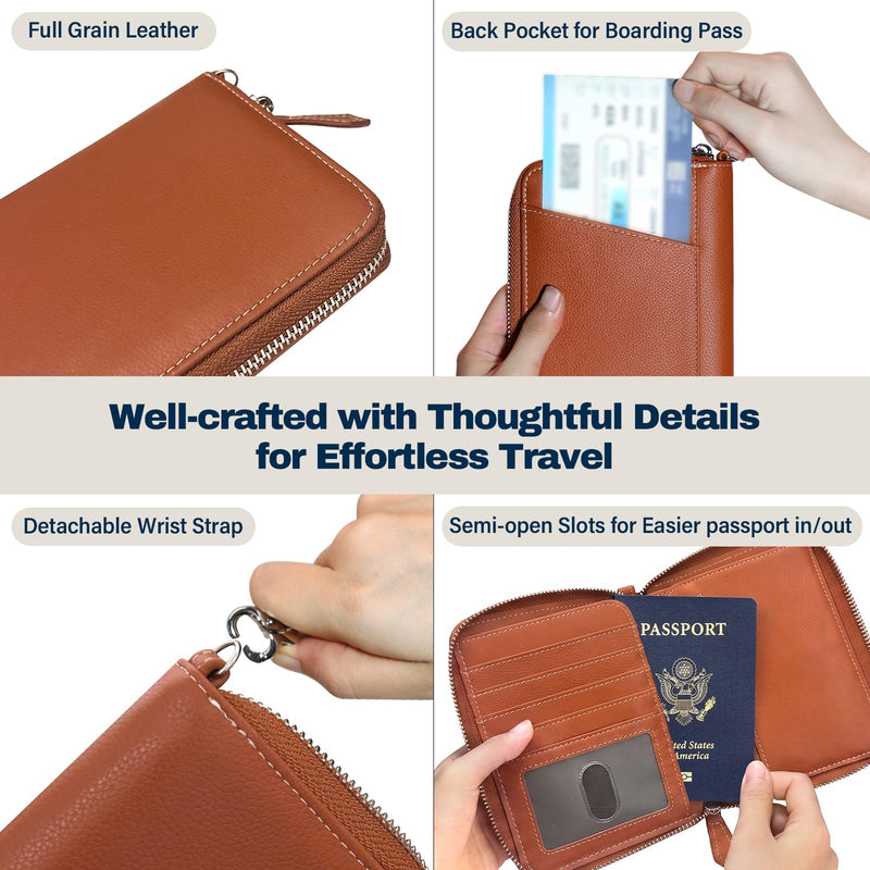 Genuine Leather RFID Passport Zip Wallet with Hidden Tracker Slot, Brown | Dual Passport Travel Wallet-Document Organizer with Wrist Strap