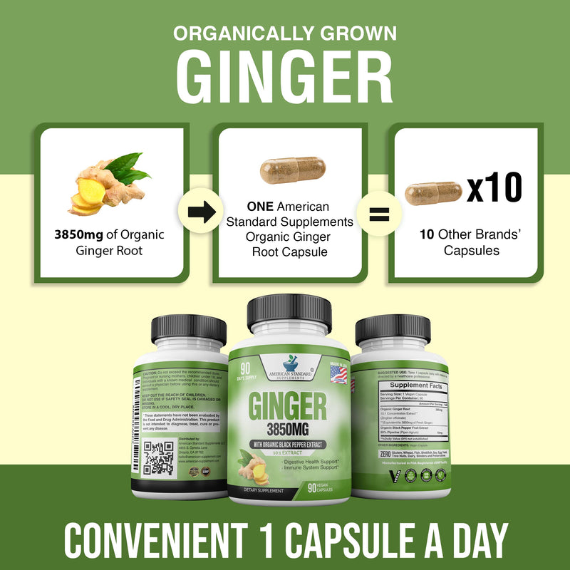 [Australia] - American Standard Supplements Organic Ginger 3850mg Per Serving with Organic Black Pepper Extract, Vegan, Gluten Free, Non-GMO, 90 Capsules, 90 Servings 