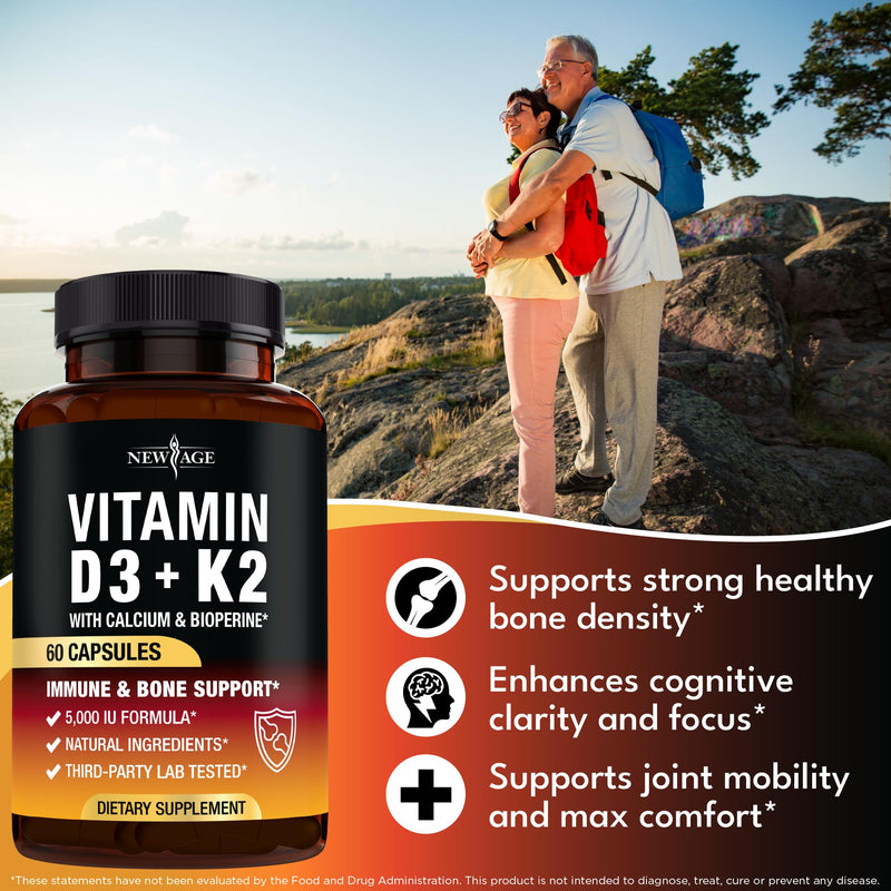 [Australia] - Vitamin D3 5,000 IU + K2 MK-7 100 mcg - 2-in-1 Bone, Immune & Heart Support, Easy to Swallow, Non-GMO - 120 Capsules 60 Count (Pack of 2) 