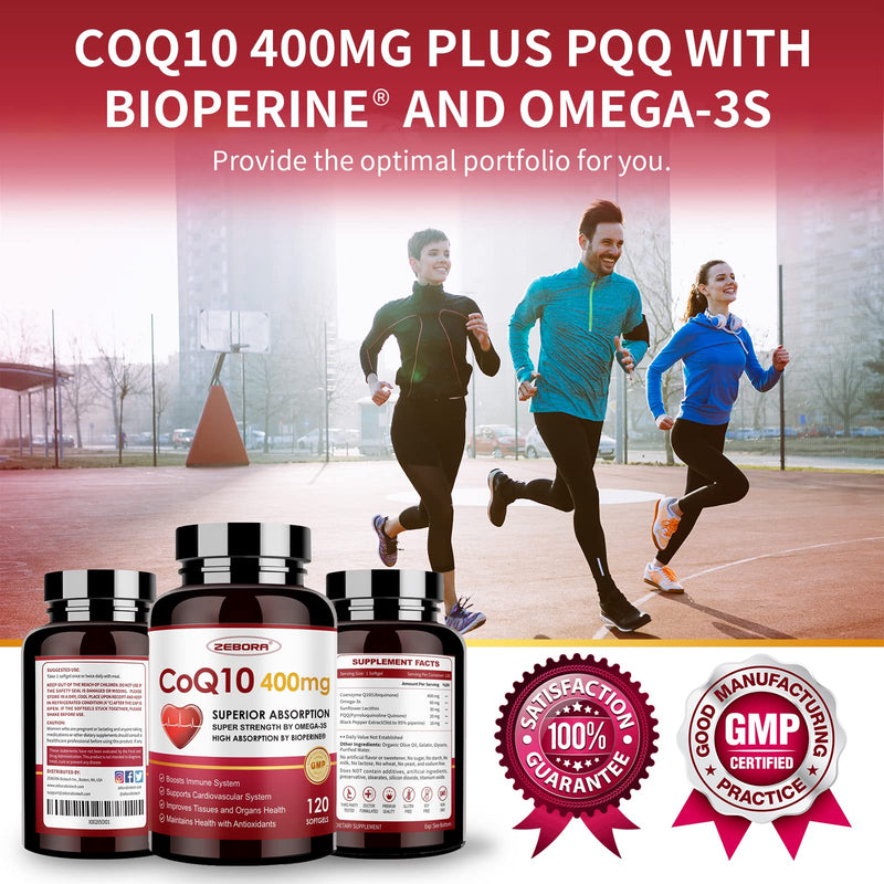 [Australia] - CoQ10-400mg-Softgels with PQQ, BioPerine & Omega-3, Coenzyme Q10(Ubiquinone) Supplement for High-Absorption, Powerful-Antioxidant, Support Heart & Energy-Production, 120 Servings 