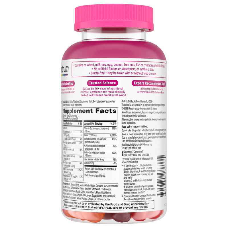 Centrum Multivitamin Gummy, 100 Count (Pack of 1) | Beauty Dual Action Multivitamin, Specially Designed with Biotin for Healthy Hair, Skin and Nails, GLP-1 Support 100 Count (Pack of 1)
