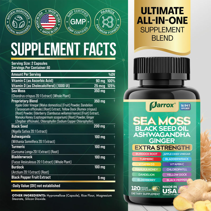 Sea Moss Black Seed Oil Supplement, 16-in-1 Ashwagandha, 120 Capsules | Ashwagandha, Turmeric, Chlorophyll, Dandelion, Ginger, Vitamins D3 & C, Elderberry, ACV, Burdock, Manuka 120 Count (Pack of 1)