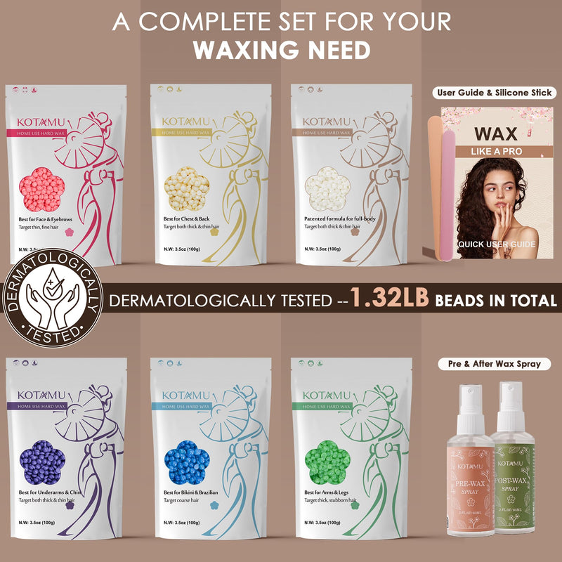 [Australia] - KOTAMU Hard Wax Beads, 6 Packs Waxing Beads for Hair Removal- Facial Bikini Brazilian Leg Sensitive Skin Full Body- Stripless Wax Beans Kit for Coarse & Fine Hair, Ideal for Women Men Home Salon Use 