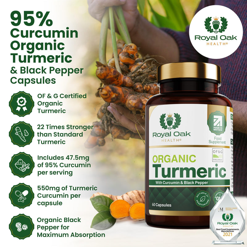 Organic Turmeric and Black Pepper Capsules with 95% Curcumin, tumeric Supplements high Strength, Certified Organic by Soil Association, 60 Vegan Capsules 60 Count (Pack of 1)