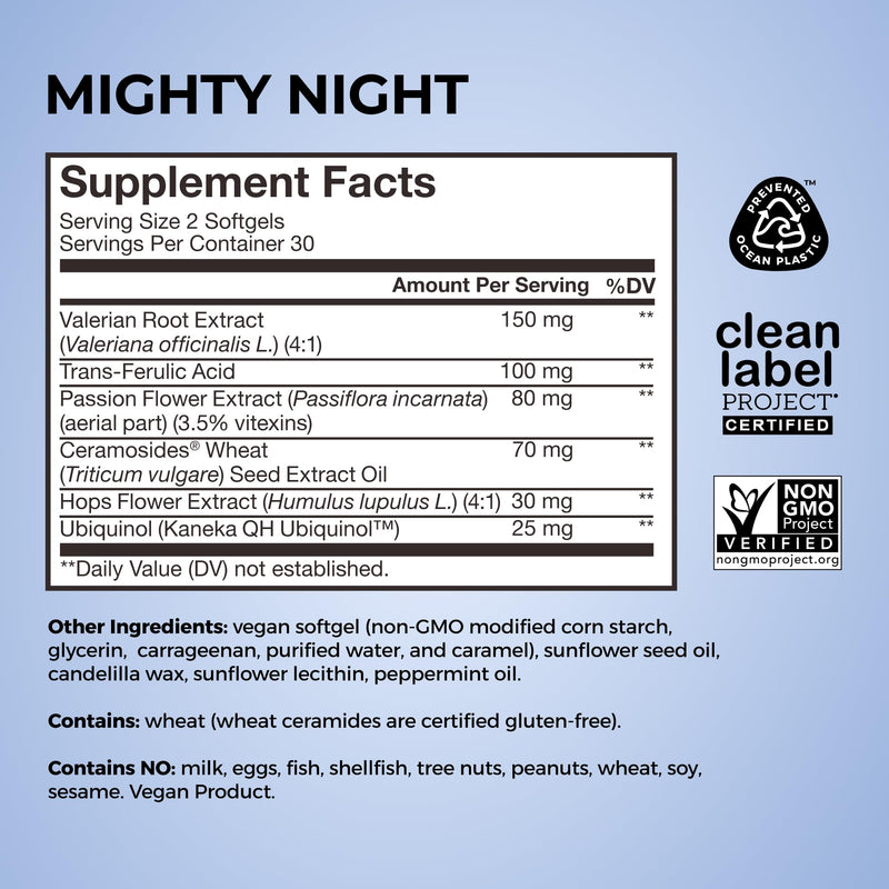 HUM Mighty Night Sleep & Skin Supplement CoQ10 & Valerian Root, 60 Count | CoQ10, Ferulic Acid, Ceramides, Passion Flower & Valerian Root, Women & Men, Vegan Softgels