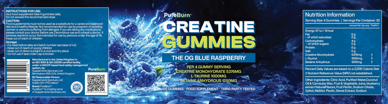 Creatine Gummies MAX, 5376mg, Zero Sugar, L-Taurine and Betaine Anhydrous, Third Party Tested Creatine, One Month Supply, 120 Gummies for Pump, Mass, Endurance and Energy. Blue Raspberry