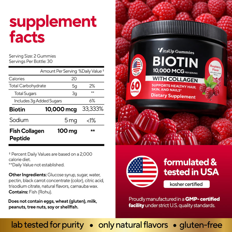 VitaUp Biotin Gummies 10000mcg for Women and Men - Extra Strength Hair, Skin and Nails Gummies with Collagen - Natural Biotin Gummy Supplement for Hair, Skin, Nails Support - 60 ct 60 Count (Pack of 1)