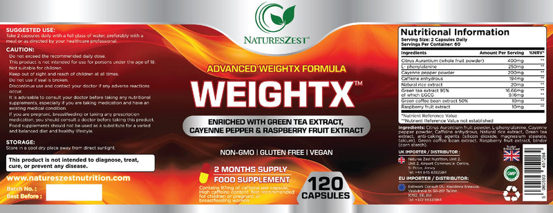 Natures Zest Advance WeightX Formula - 120 Capsules - Weight Management Supplement for Women & Men Enriched with Green Tea Extract, Cayenne Pepper & Raspberry Fruit Extract