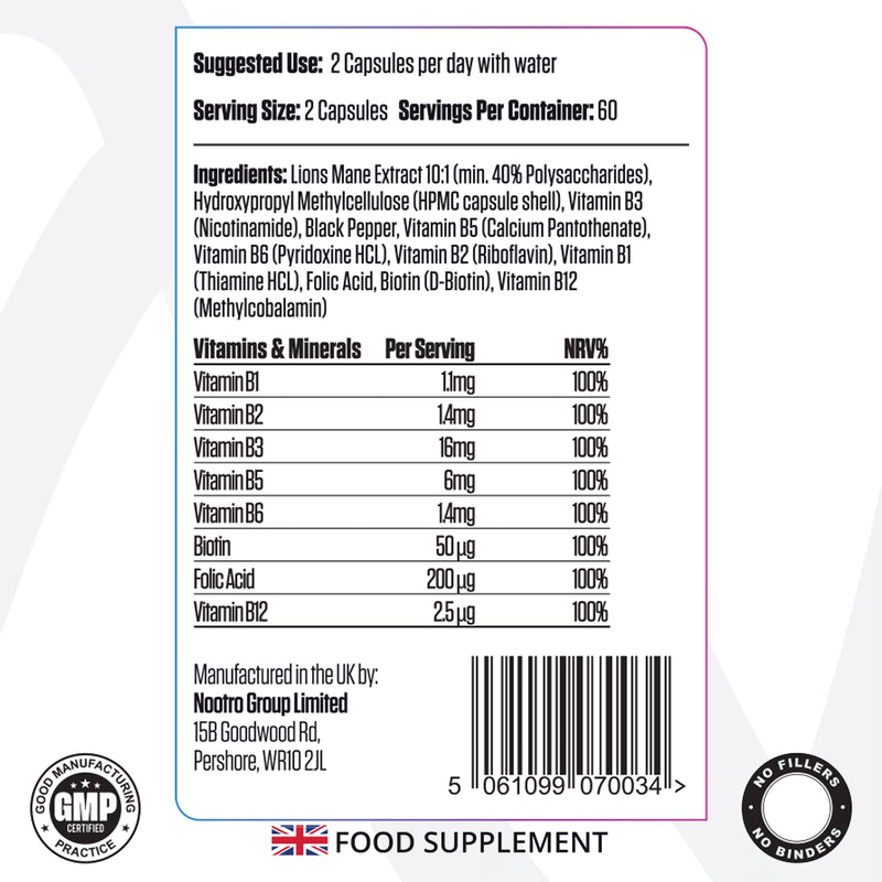 Nootro Essentials Lion's Mane Capsules, High Strength 10,000mg Lions Mane Supplement with Vitamin B Complex to Support Focus and Cognitive Function (60 Servings - 2 Month Supply)