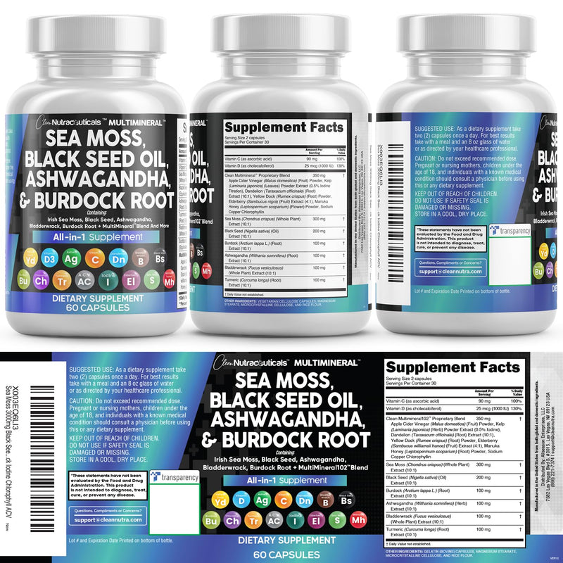 [Australia] - Clean Nutraceuticals Sea Moss Black Seed Oil Ashwagandha Turmeric Bladderwrack Burdock & Vitamin C Vitamin D3 with Elderberry Manuka Dandelion Yellow Dock Iodine Chlorophyll ACV 