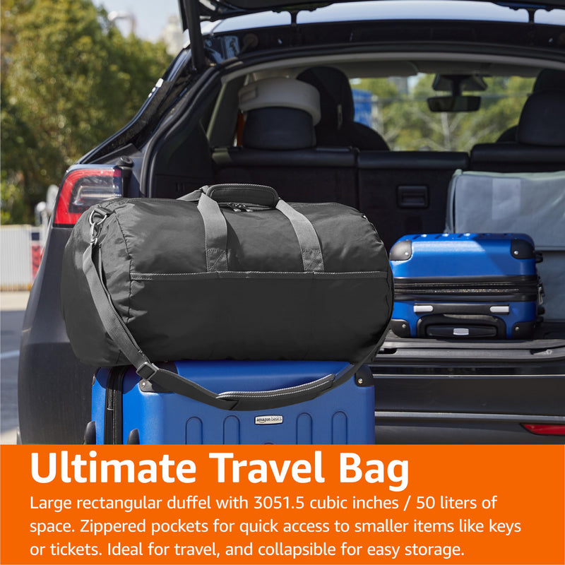Amazon Essentials Duffel Bag for Travel and Sports, 20-inch Foldable Packable Nylon Bag with Multiple Zippered Pockets, 35 lb Weight Capacity, Collapsible for Easy Storage, Blac0 Black 20 inches