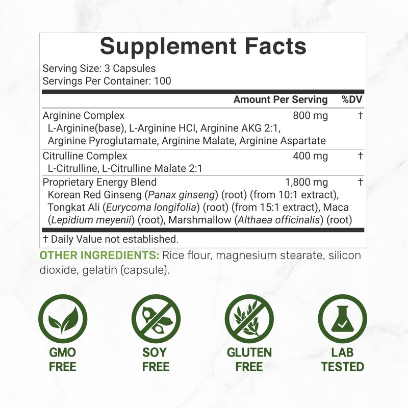 [Australia] - Nitric Oxide Booster 3,000mg Per Serving, 300 Capsules – 12 in 1 Nitric Oxide Supplement – Arginine & Citrulline Complex with Energy Blend – Marshmallow Root – Promotes Nutrient Flow to Muscles &Heart 