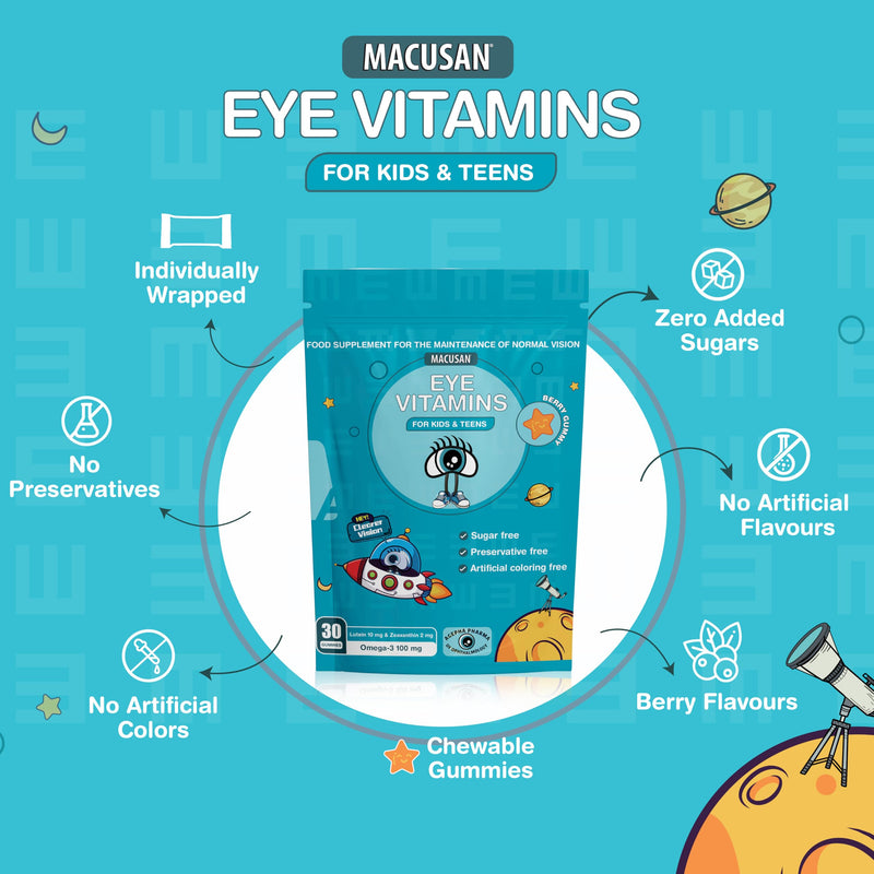 Macusan® Eye Health Gummies for Kids & Teens – Vision Support & Blue Light Protection with Omega-3, Lutein & Essential Vitamins – Sugar-Free, Berry Flavor – 30 Gummies
