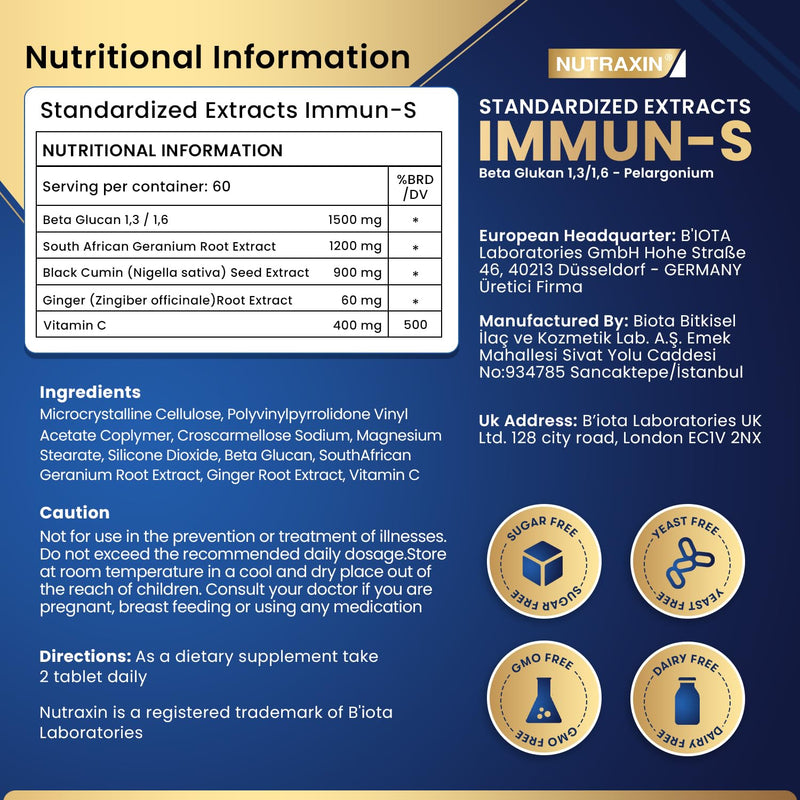 Nutraxin IMMUN-S - Immune System Booster with 200mg Beta Glucan 1,3/1,6, Vitamin C, Black Cumin, Ginger & Geranium Extracts - Allergen-Free, 2 Tablets per Day for Adults - 60 Tablets