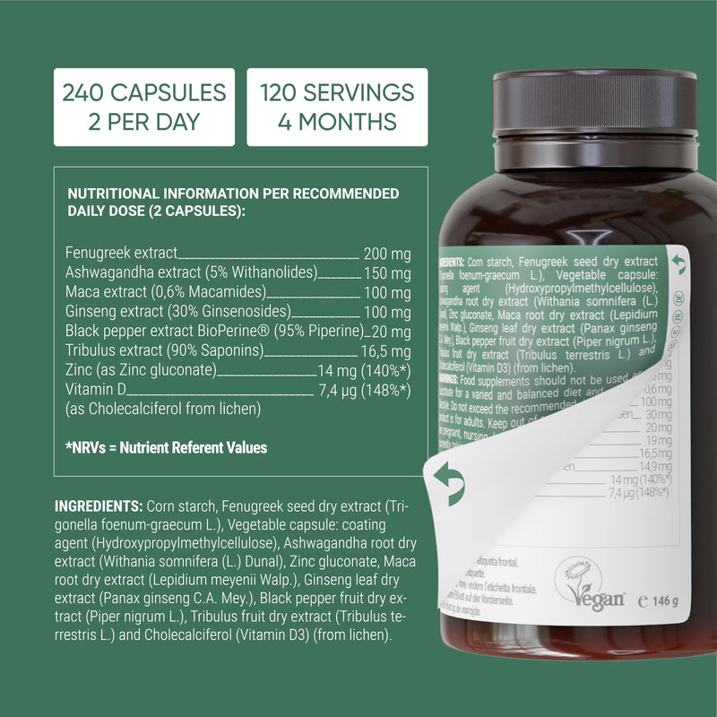 Nullure Testo-One | Tribulus Maca Ashwagandha | Third-Party Tested in Germany | Vegan & No additives I Mens Health Supplements for Men | 240 Caps (4 Months) I Made in Barcelona 240 count (Pack of 1)