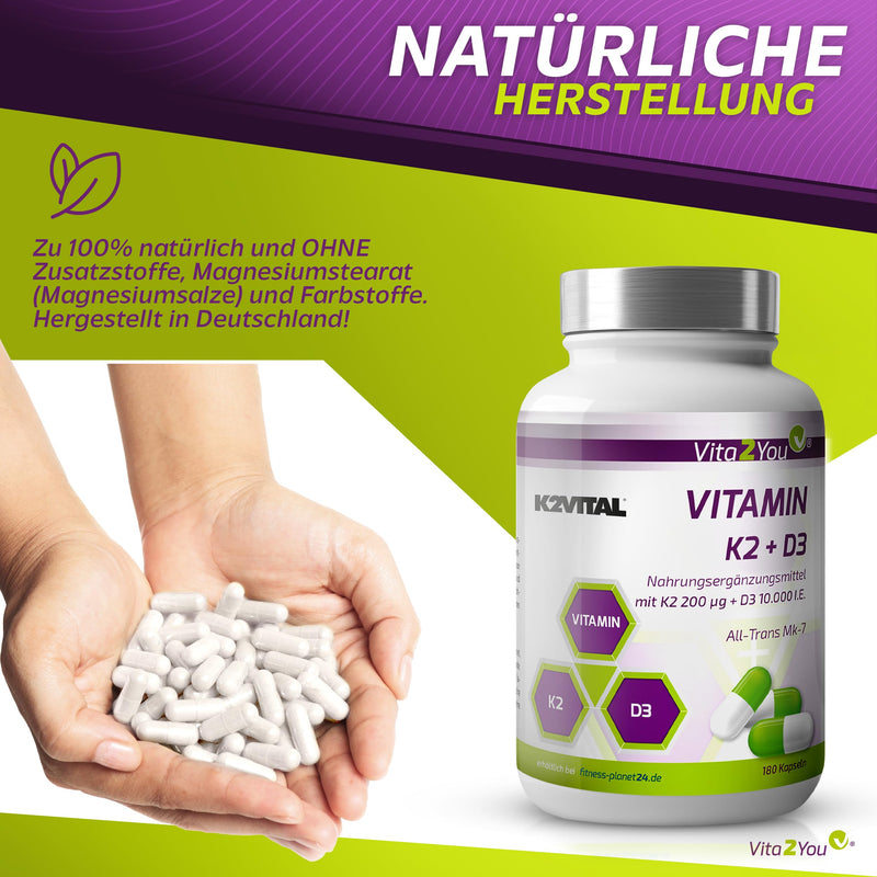 [Australia] - Vita2You Vitamin D3 + K2-180 capsules - Vitamin D3 10,000 IU + Vitamin K2 (MK-7) 200µg - Original K2VITAL® from Kappa - Premium quality 