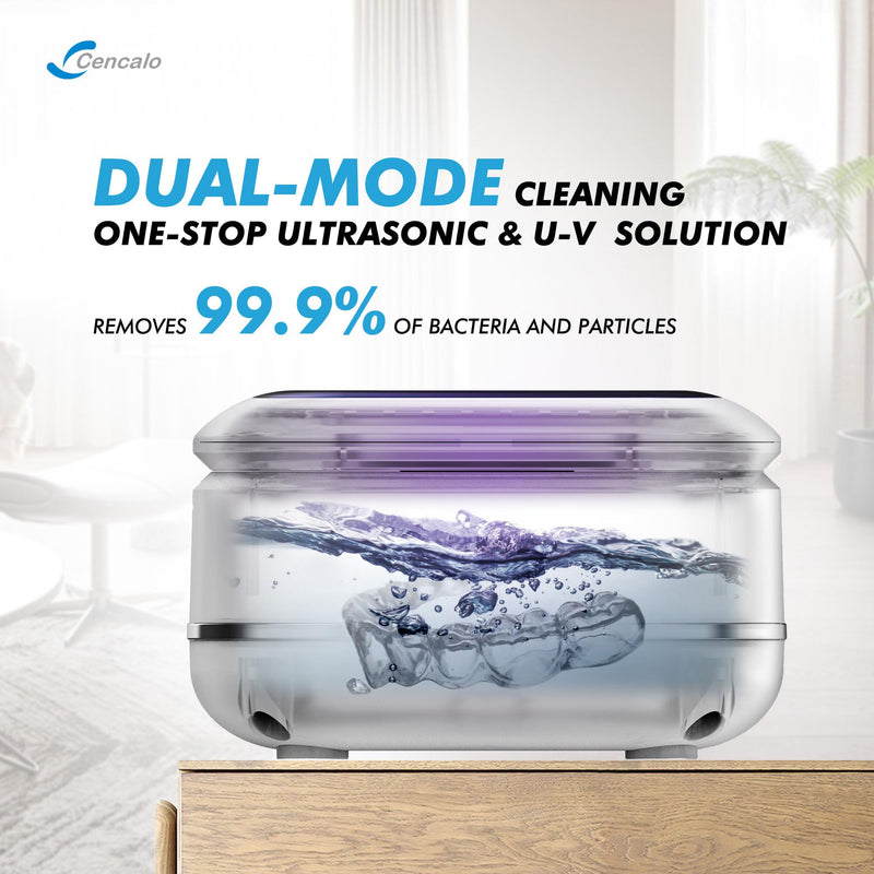 [Australia] - Ultrasonic Retainer Cleaner Machine with 2 Digital Timer, U-V Dental Cleaning Pod with Viewing Port,180ml Portable Denture Cleaner for Mouth Guards, Night Guards, Aligners, Brace, Jewelry, 42kHz White 