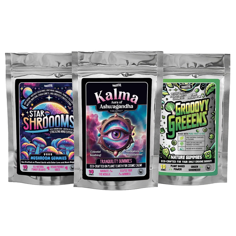 Mind, Body & Soul Bundle, Starshroooms, Kalma & Grooovy Greens. Multivitamin Gummies Mushroom, Greens & Ashwagandha. for Brain, Gut & Stress Support. Vegan 3 x 10 Trial Pack Gummies