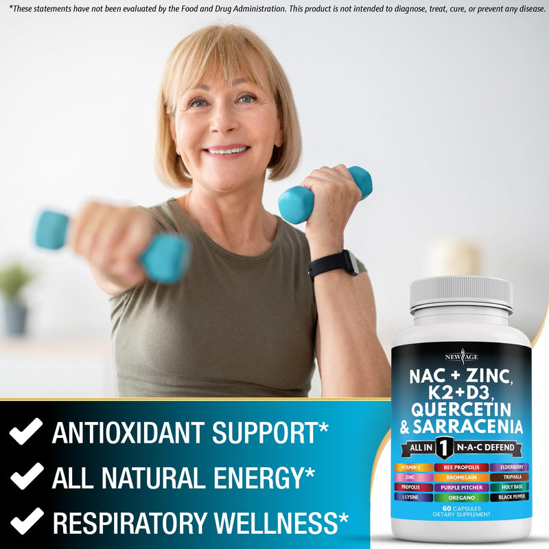 [Australia] - NEW AGE NAC Supplement N-Acetyl Cysteine- with Vitamin D3, K2, Zinc, Quercetin, Triphala, Sarracenia Purpurea, Elderberry, Holy Basil, Bee Propolis, Bromelain, L-Lysine - 120 Count 60 Count (Pack of 2) 