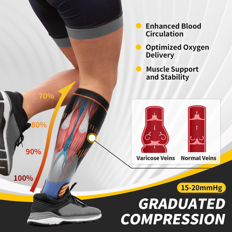 CAMBIVO Compression Socks for Women and Men - 2 Pairs 15-20 mmHg Knee-High Support Stockings for Nurses, Running, Travel Large-X-Large Black/Orange