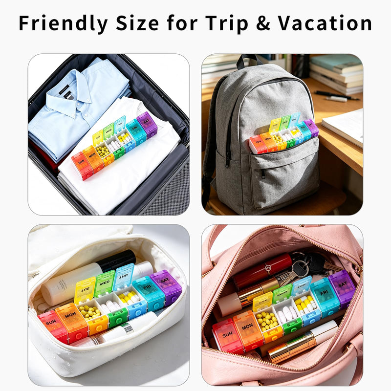Rainbow 7 Day Pill Organizer Push Button for Vitamin Supplements Box | Weekly Pill Case,Container for Fish Oil Medicine,Travel Pill Holder,Easy for Arthritic Hand,BPA-Free Rainbow