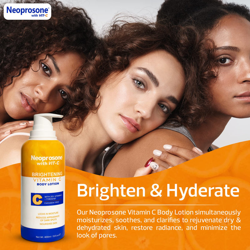 Neoprosone Brightening Body Lotion - 13.5 Fl Oz / 400ml - Formulated to Fade Dark Spots on Elbows, Knees, Neck, Body, and Intimate Parts, with Tyrostat, Shea Butter, Vitamin C, Vitamin E