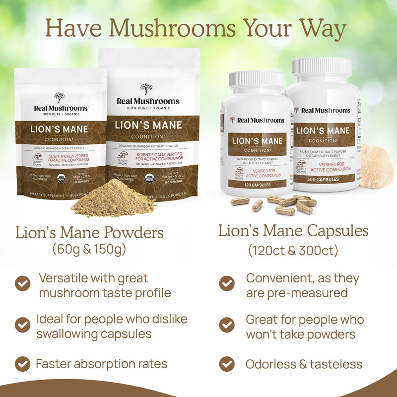 [Australia] - Real Mushrooms Lion‚Äôs Mane Supplement Capsules - Organic Lions Mane Extract for Overall Wellbeing - Beta Glucan Supplements ‚Äì Vegan 300 ct Mushroom Extract 