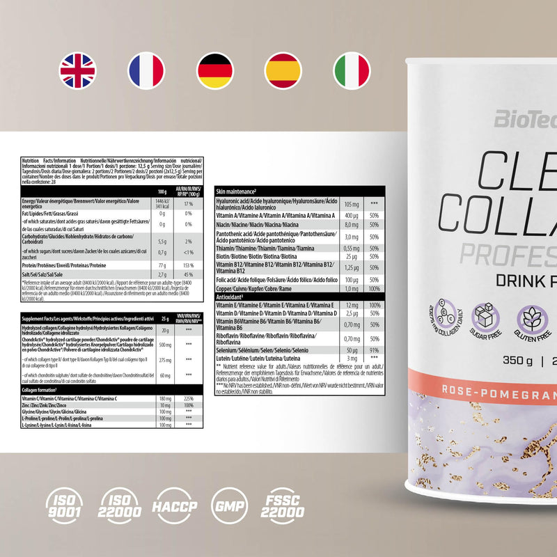 BioTechUSA Clear Collagen Professional, Flavoured Drink Powder containing hydrolysed Collagen, hyaluronic Acid, Amino acids, Vitamins, Minerals, 350 g, Rose & Pomegranate
