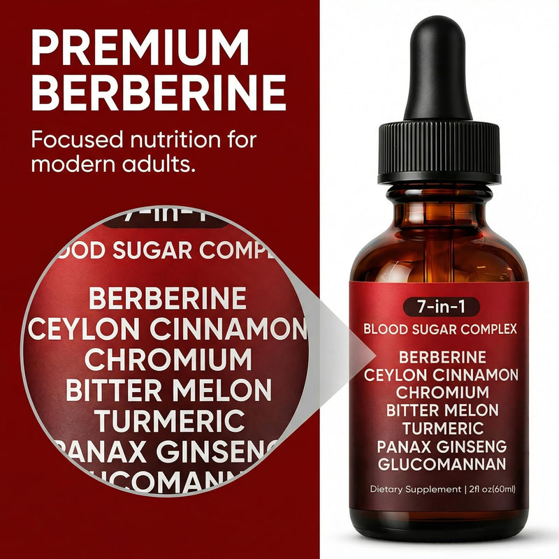 7-in-1 Complex Liquid Drops - Berberine with Ceylon Cinnamon, Chromium, Bitter Melon, Turmeric, Panax Ginseng & Glucomannan, Herbal Metabolic Support Supplement - 2fl oz