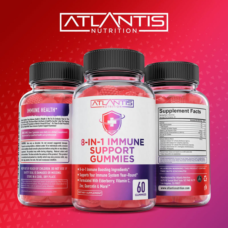 Atlantis Nutrition 8-in-1 Immune Support Gummies with Elderberry | Immune Supplement with Elderberry, Quercetin, Zinc, Vitamin C - Immunity Boosters for Adults & Kids - Delicious Flavor - 60 Count 60 Count (Pack of 1)