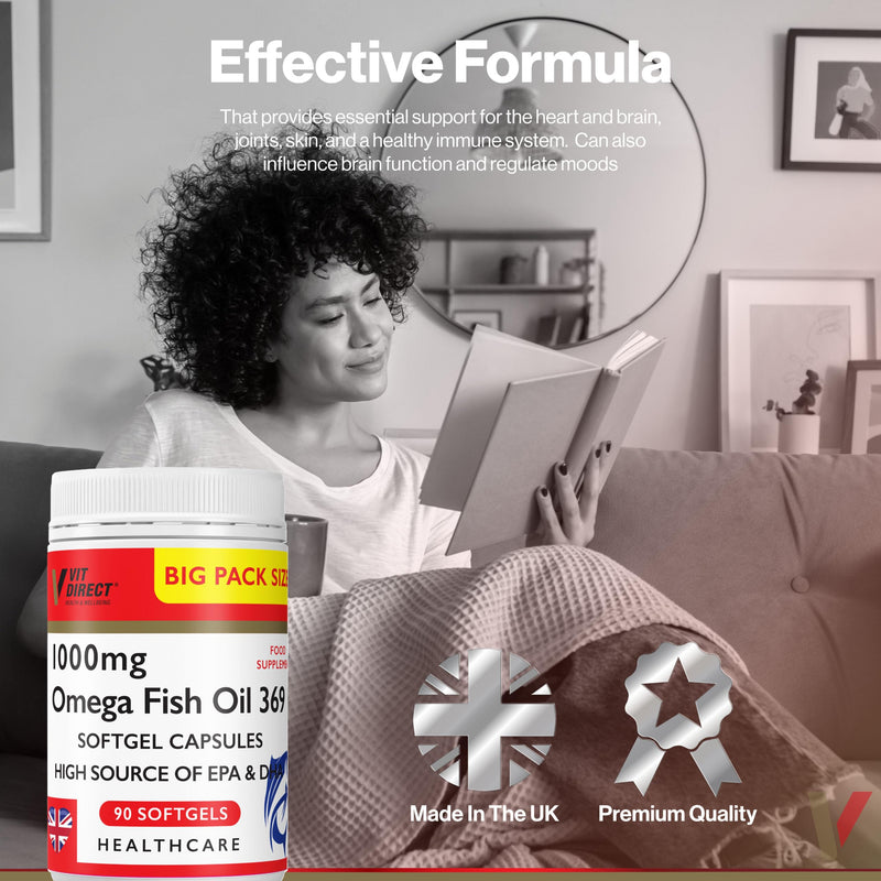 Omega Fish Oil 369-90 Soft Gel Capsules - 1000mg - High Source of EPA & DHA - Daily Supplement - Fish Oil Omega 3 - Improve Endurance - for General Health & Wellbeing