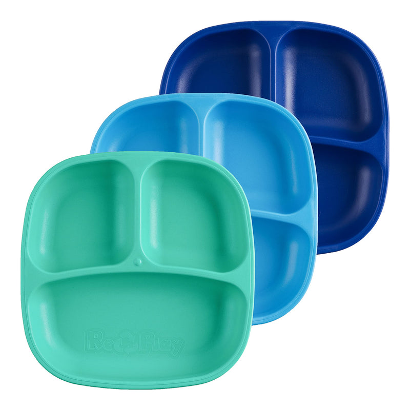 [Australia] - Re-Play Toddler Plates with Dividers - Deep-Walled 3 Compartments Divided Plates for Kids - Dishwasher & Microwave Safe - Made in USA - Set of 3-7.37" x 7.37" x 1.25" - A True Blue Without Lid 