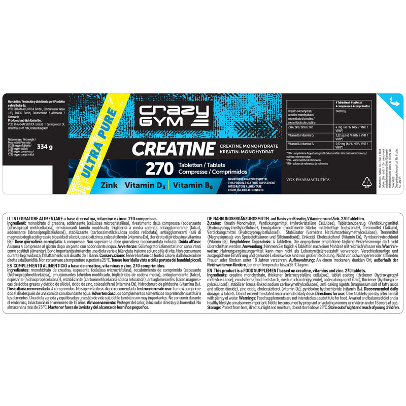 270 Tablets. Creatine Monohydrate, Vitamin D3, Vitamin B6 & Zinc– 67 Daily Servings – Micronized Creatine in Convenient Tablet Form (Sugar Free)