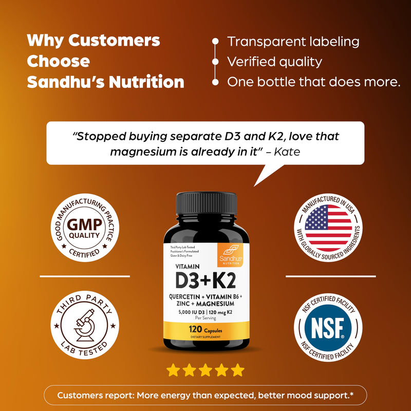 Sandhu's Vitamin D3 K2 Magnesium 5000 IU, 120mcg K2 Capsules 120 Count (Pack of 1) | with VIT B6, Zinc & Quercetin | D3K2 Supports Superior Absorption, Energy, Immune, Muscle Health for Men & Women 120 Count (Pack of 1) 5000 IU Capsules
