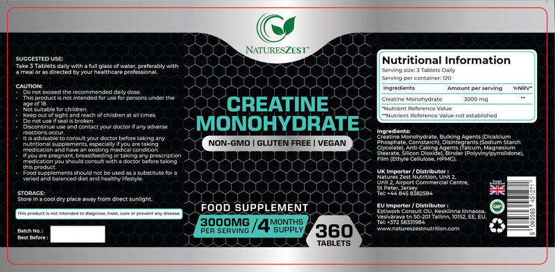 Nature's Zest Creatine Monohydrate Tablets 3000mg – 360 Tabs, Gym Energy Supplement for Men & Women, Non-GMO, Gluten Free, Vegan Tablets - Keto Unflavoured, for Performance & Muscle Power