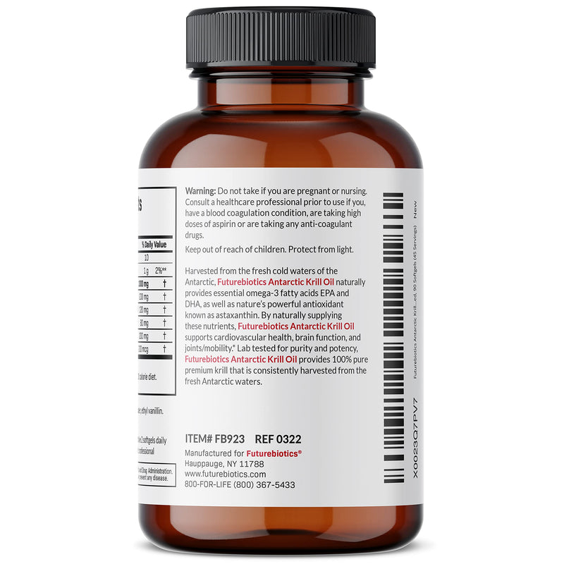 [Australia] - Futurebiotics Antarctic Krill Oil 1000mg with Omega-3s EPA, DHA, Astaxanthin and Phospholipids - Premium Krill Oil Heavy Metal Tested, Non GMO – 90 Softgels (45 Servings) 90 Count (Pack of 1) 