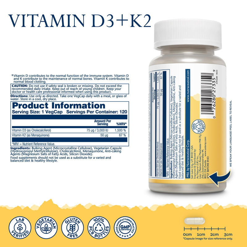 Solaray Vitamin D3 3000 IU and K2 50mcg - 120 Vegetarian Capsules - High Strength Vitamin D and K for Immune, Bone & Muscle Support - 4 Month Supply - Lab Verified
