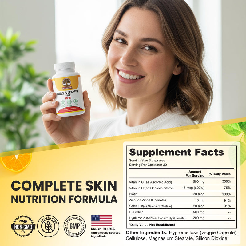 Racine D’ARBRE Multivitamin Skin Supplement – Hyaluronic Acid, Vitamin C, Selenium, Biotin, Zinc & Proline – Collagen, Hydration & Beauty Support – 90 Capsules