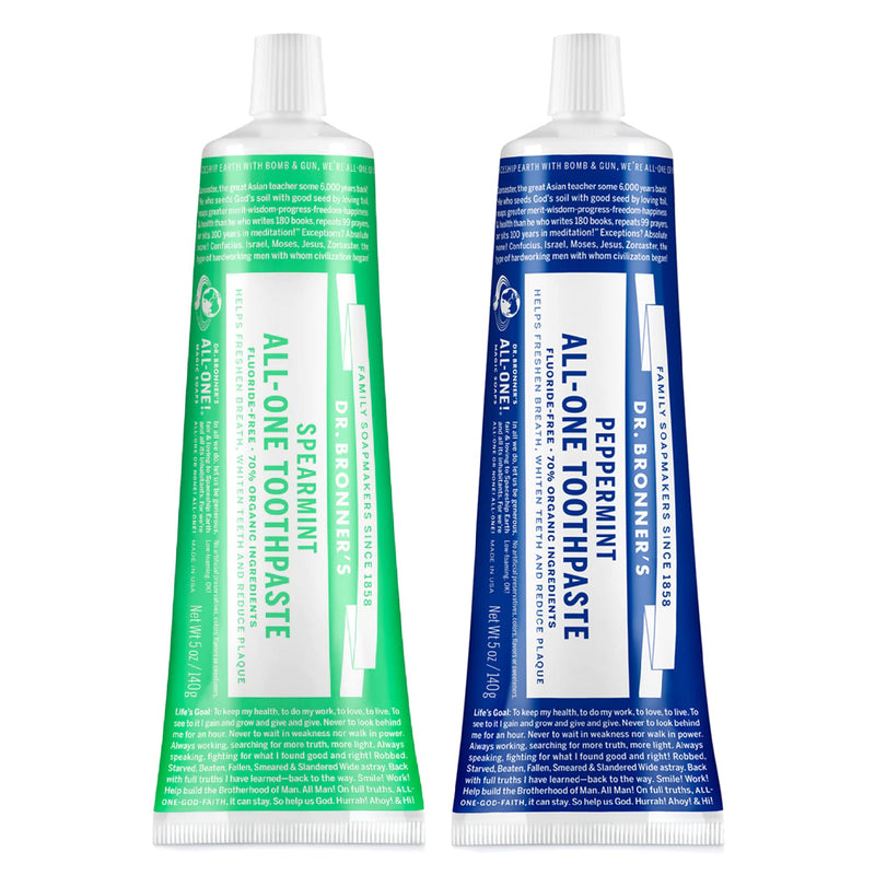 Dr. Bronner’s - All-One Toothpaste Variety Pack - Peppermint & Spearmint, 70% Organic Ingredients, Fluoride-Free, Helps Freshen Breath, Vegan (5oz, 2-Pack) 5 Ounce (Pack of 2)