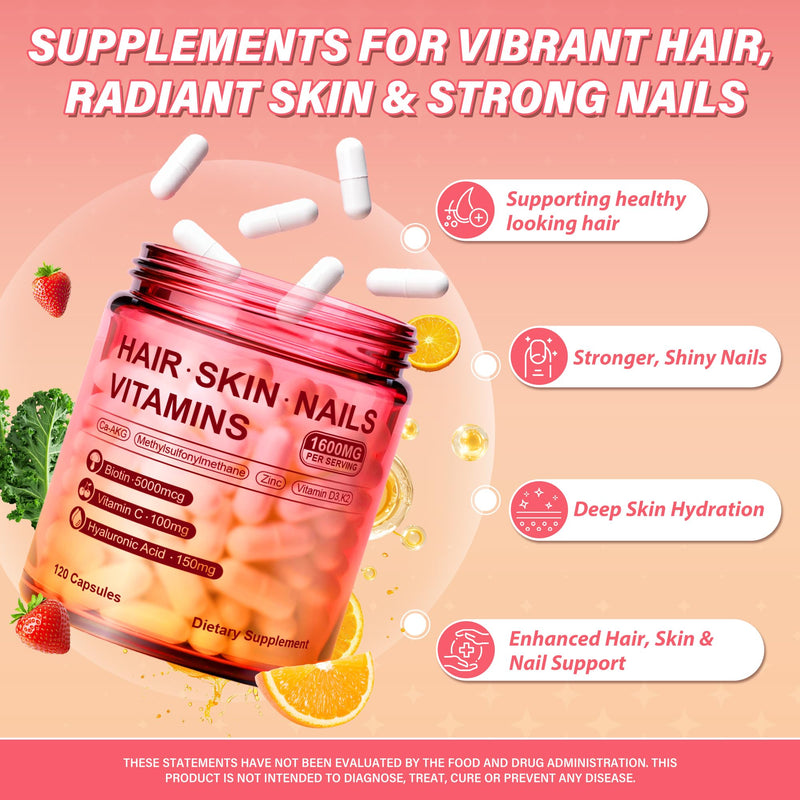Hair Skin and Nails Vitamins – Biotin, Hyaluronic Acid, Calcium AKG, Vitamin C & Vitamin D3 K2 – Support Healthy Hair Growth, Strong Nails & Radiant Skin - 120 Capsules (1 Pack)