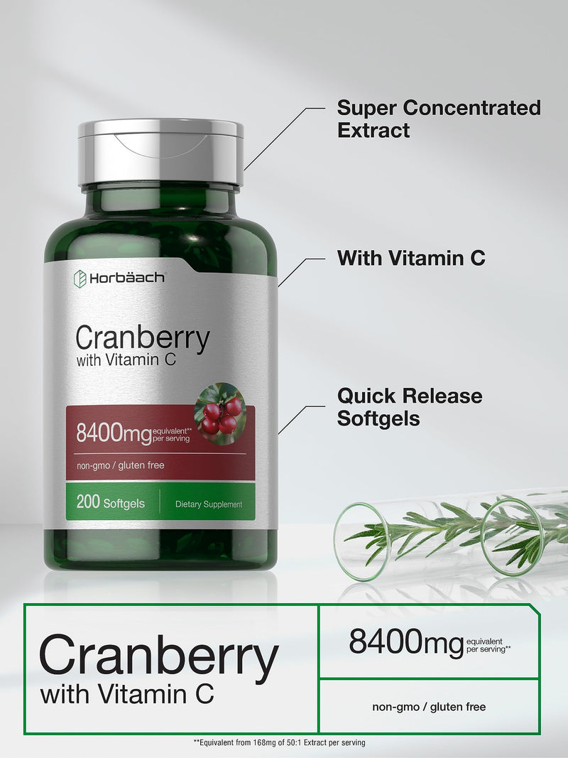 Horbäach Cranberry Pills with Vitamin C | 8400mg | 200 Softgels | Concentrate Extract Supplement | Non-GMO, Gluten Free