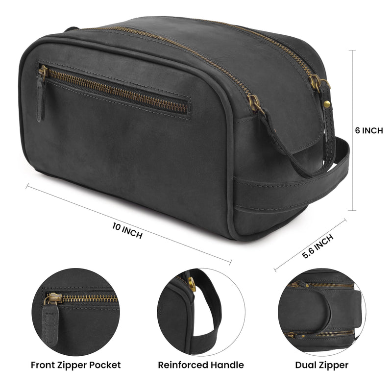 MDS® Genuine Leather Toiletry Bag for Men - Unisex Rustic Classic Vintage Handcrafted Full-Grain Leather Travel Dopp Kit with Waterproof Lining & Handle, Shaving & Grooming Kit Organizer Pouch, Black