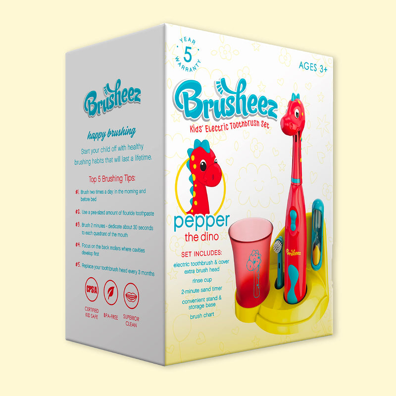 [Australia] - Brusheez® Kids’ Electric Toothbrush Set - Safe & Effective for Ages 3+ - Parent Tested & Approved with Gentle Bristles, 2 Brush Heads, Rinse Cup, 2-Minute Timer, & Storage Base (Pepper the Dino) Pepper The Dino 