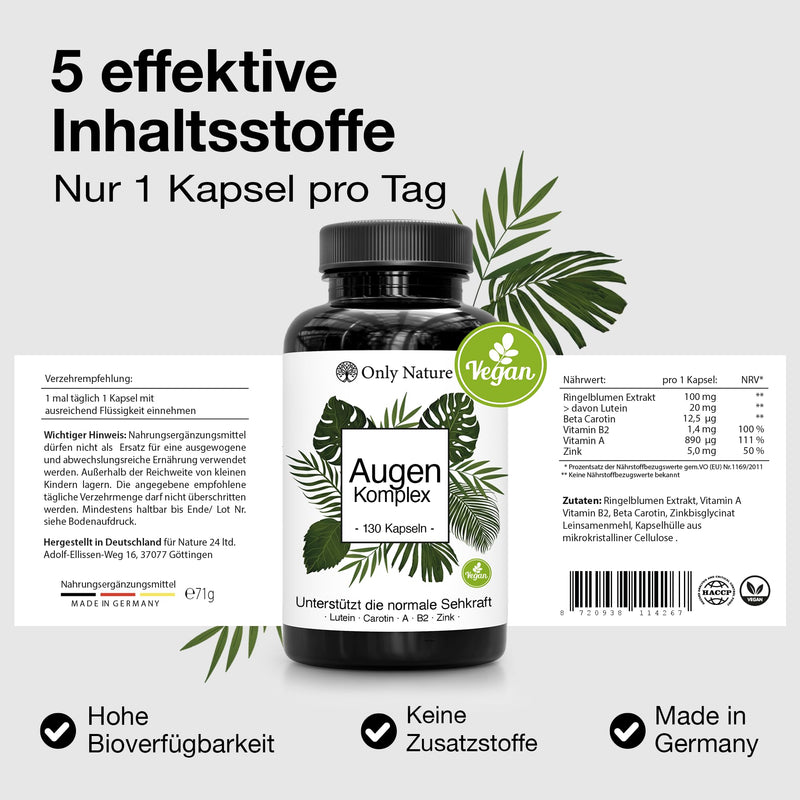 [Australia] - NEW: Eye vitamins - 130 lutein zeaxanthin capsules with beta carotene, vitamin B2, A, zinc - unique composition - produced in Germany, laboratory tested & vegan - eye vitamins test winner 
