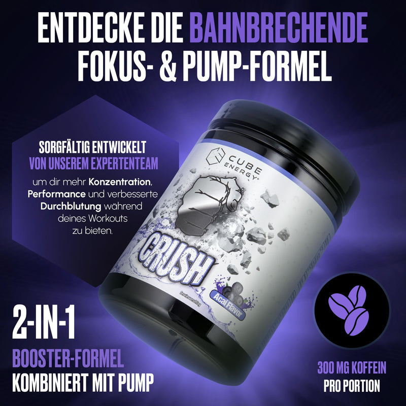 [Australia] - Cube Energy Crush Pre Workout Booster - 2in1 focus & pump formula with 300 mg caffeine - no crash - high dose & vegan - Made in Germany - 22 portions of 25 g each - Acai flavor 
