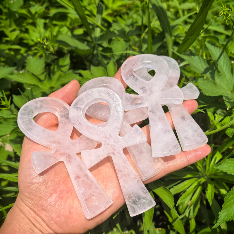 4" Cross Crystal Worry Stones Natural Clear Crystal Ankh Cross Carved Rose Quartz ，Aventurine Crystal Skull Reiki Healing 1pc (Clear Crystal)