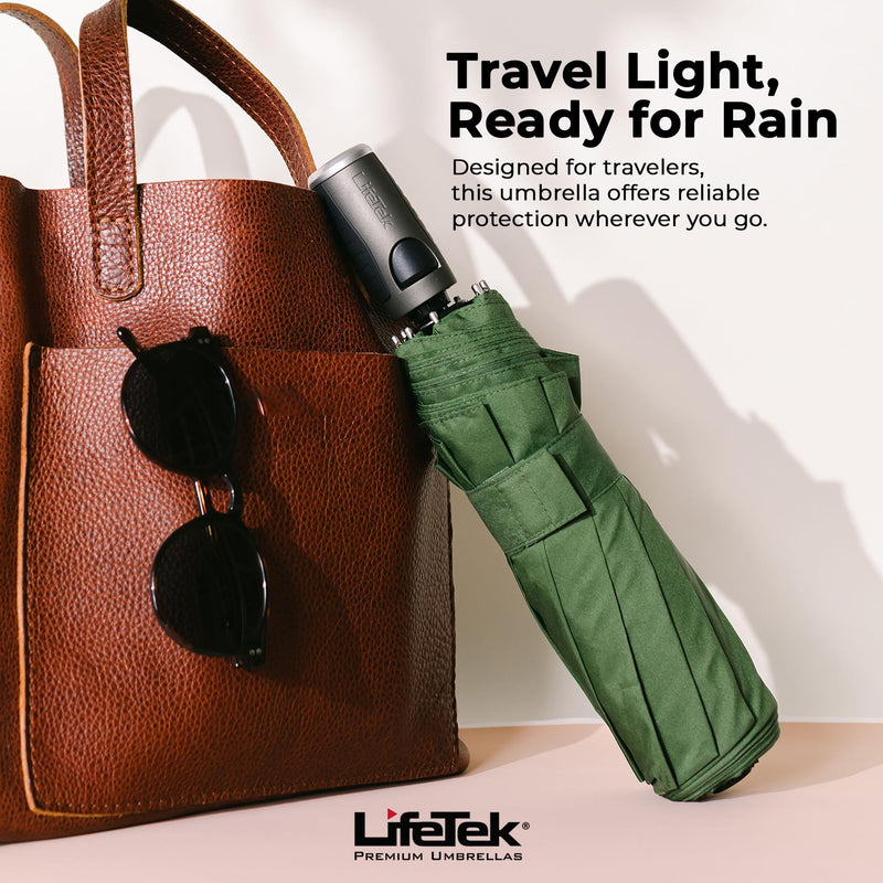 Premium Travel Umbrella - Windproof & Compact for Men & Women, Automatic Open Close, Fits in Purse Laptop Bag or Backpack, Strong Frame for Heavy Rain & Sun UV Protection 45 Inch Green FX2 Double Canopy