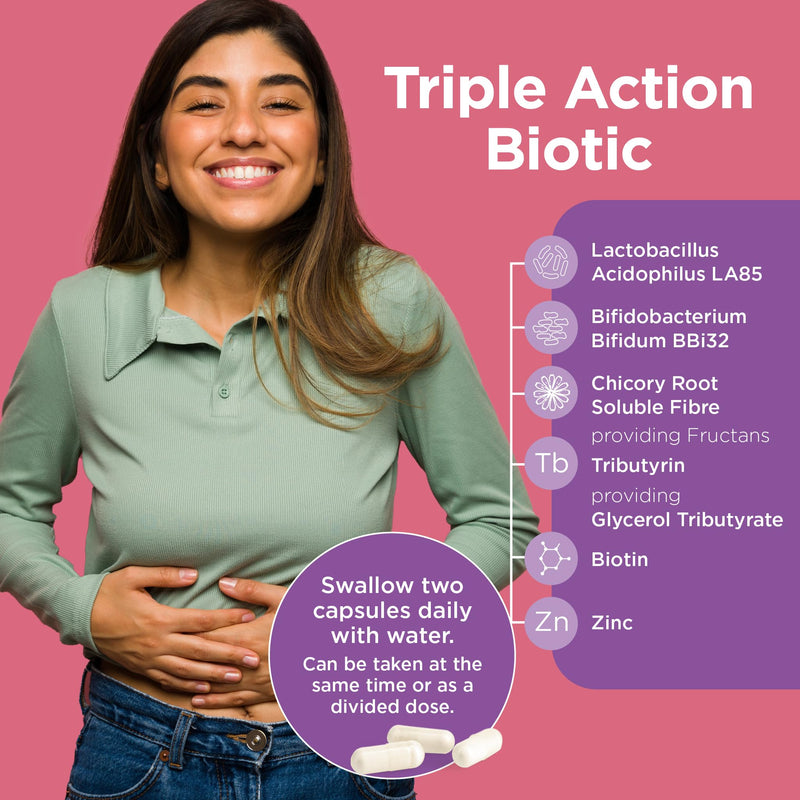 Healthspan Triple Action Biotic | Optimal Gut & Digestion Support | Pre, Pro & Post Gut Health | Chicory Root Fibre | 20 Billion Probiotic Bacteria | Plus Tributyrin | Added Biotin & Zinc | Vegan